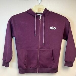 Alo Yoga Womens S Plum Purple Fleece Zip Up Hoodie Sweatshirt Embroidered Logo
